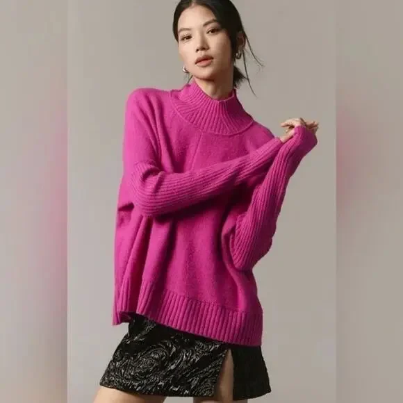 Maeve Anthropologie Pink Mock Ribbed Dolman Gretchen Sweater M Oversized 2/8 - Picture 3 of 11